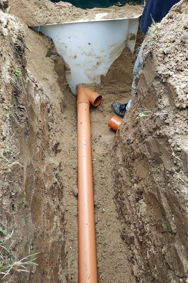 L'entrepreneur Installe Un égout Dans Un Fossé Et Conduit Le Tuyau Au  Puisard Image stock - Image du ligne, gens: 216217473