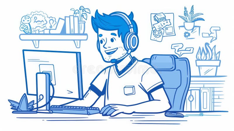 The company provides an online help desk, hotline call center assistance, and technical help via the internet. A customer service representative works on a computer using a headset. The illustration. AI generated. The company provides an online help desk, hotline call center assistance, and technical help via the internet. A customer service representative works on a computer using a headset. The illustration. AI generated