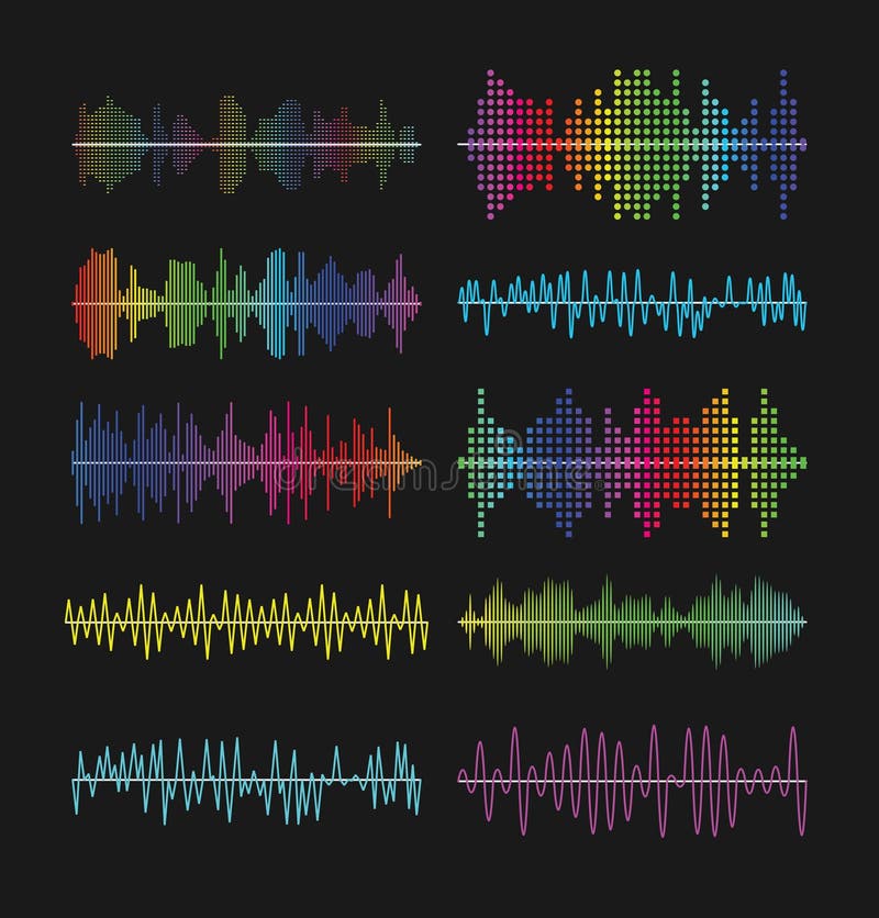 L'equalizzatore grafico multicolore ondeggia, illustrazione di vettore di forme d'onda della colonna sonora Simboli dell'amplific royalty illustrazione gratis