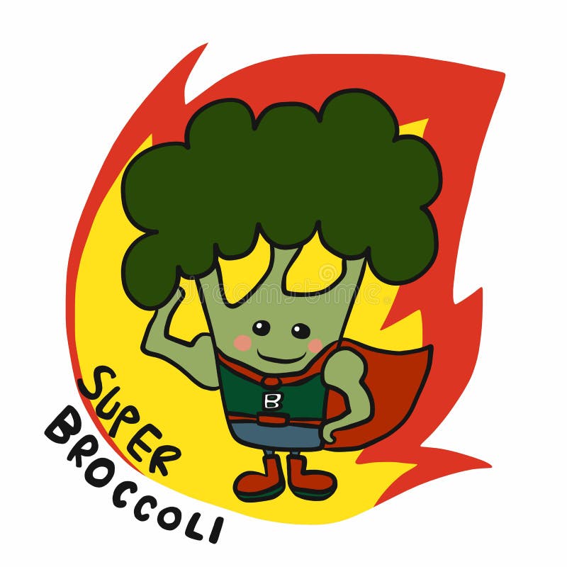 L'eroe dei super broccoli nell'illustrazione del logo di una vignetta sul fuoco illustrazione vettoriale