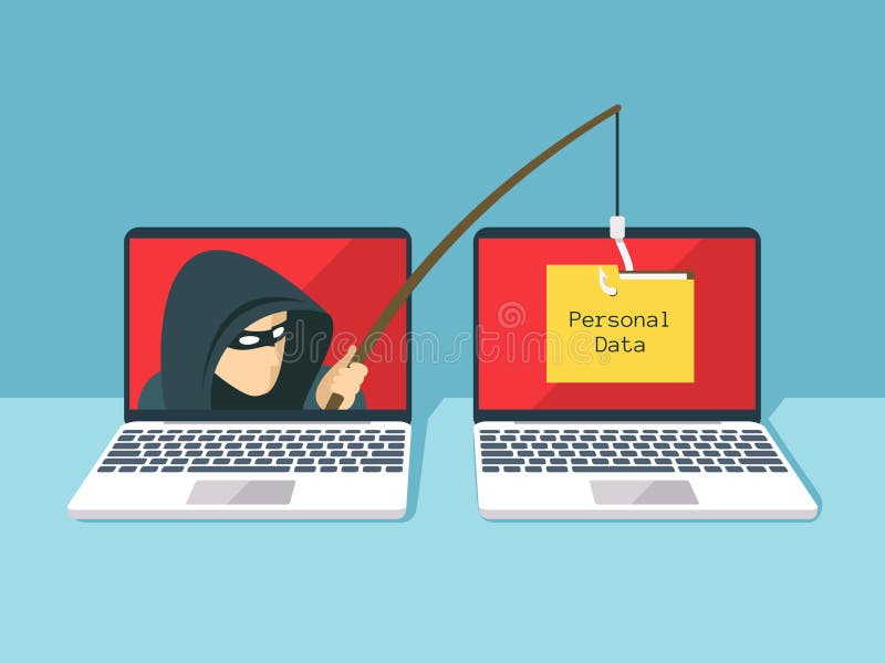 Phishing scam, hacker attack and web security vector concept. Illustration of phishing and fraud, online scam and steal. Phishing scam, hacker attack and web security vector concept. Illustration of phishing and fraud, online scam and steal