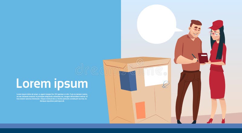 L'espace de copie de bannière de service de courrier de paquet de Woman Box Delivery de messager de document de signe d'homme illustration libre de droits L'espace de copie de bannière de service de courrier de paquet de Woman Box Delivery de messager de document de signe d'homme illustration libre de droits