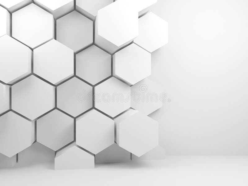 Abstract blank white interior background with hexagon pattern and copy space on front wall, 3d render illustration. Abstract blank white interior background with hexagon pattern and copy space on front wall, 3d render illustration