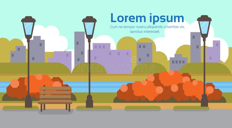 L'espace horizontal de copie de parc d'automne dehors de rivière de réverbère de concept jaune urbain de paysage urbain plat illustration stock L'espace horizontal de copie de parc d'automne dehors de rivière de réverbère de concept jaune urbain de paysage urbain plat illustration stock