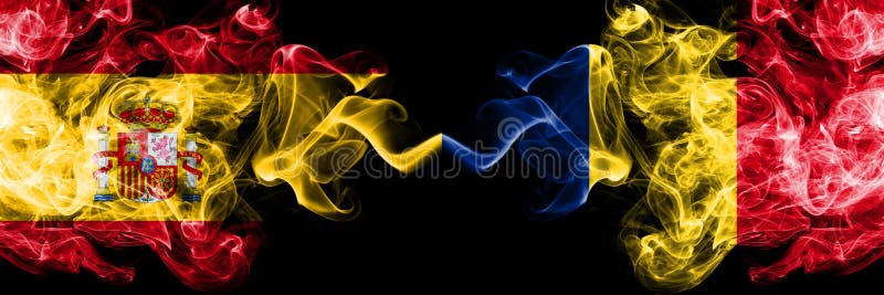 L'Espagne contre la Roumanie, drapeaux mystiques fumeux roumains placés côte à côte Épais coloré soyeux fume le drapeau d'espagno image libre de droits L'Espagne contre la Roumanie, drapeaux mystiques fumeux roumains placés côte à côte Épais coloré soyeux fume le drapeau d'espagno image libre de droits