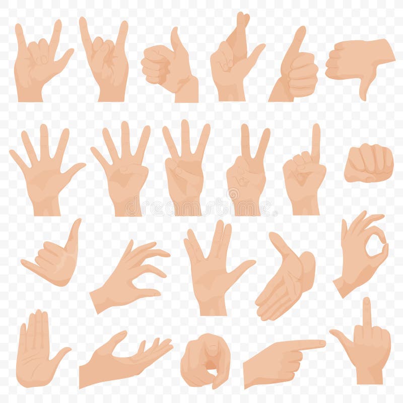 L'essere umano realistico passa le icone e l'insieme di simboli Icone della mano di Emoji Gesti, mani, segnali ed emozioni differ