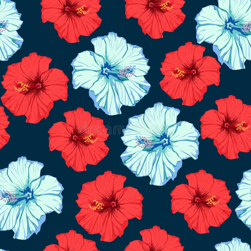L'estate tropicale fiorisce il fondo blu scuro Il modello senza cuciture dell'ibisco rosso e blu fiorisce illustrazione di stock L'estate tropicale fiorisce il fondo blu scuro Il modello senza cuciture dell'ibisco rosso e blu fiorisce illustrazione di stock