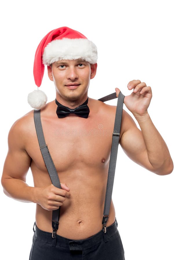 Santa stripper removes suspenders portrait on a white background. Santa stripper removes suspenders portrait on a white background