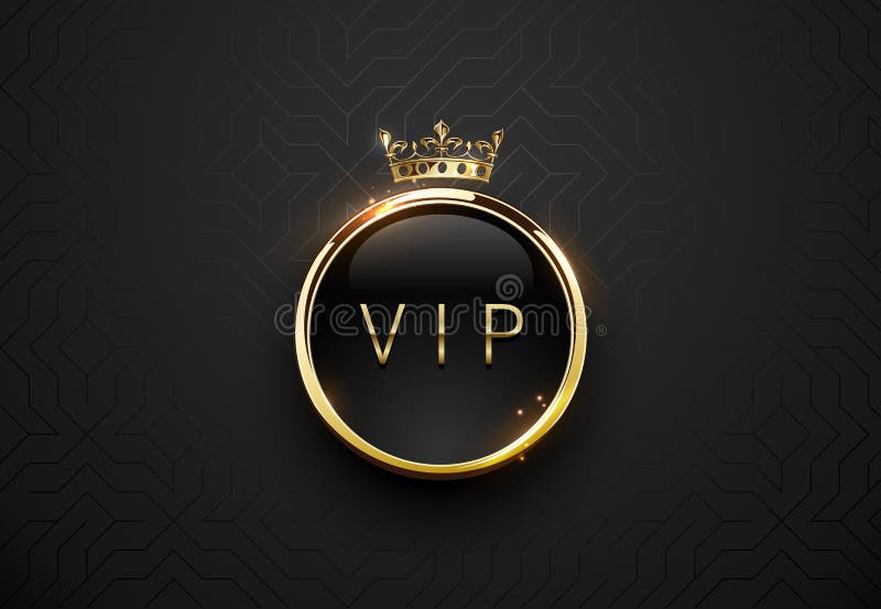 L'etichetta del nero di VIP con la struttura dorata rotonda dell'anello scintilla e corona su fondo geometrico nero Modello premi