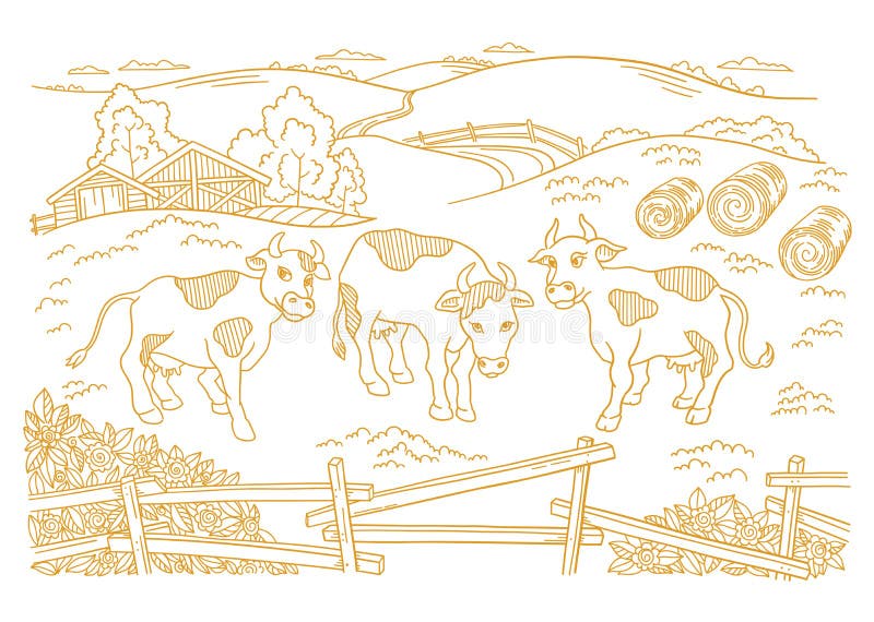 Dairy farm is livestock. Three cows in the barnyard. Milk production. Hay fodder. Village rural countryside landscape. Rustic fence. Hand drawn cartoon sketch. Contour vector line. Dairy farm is livestock. Three cows in the barnyard. Milk production. Hay fodder. Village rural countryside landscape. Rustic fence. Hand drawn cartoon sketch. Contour vector line.