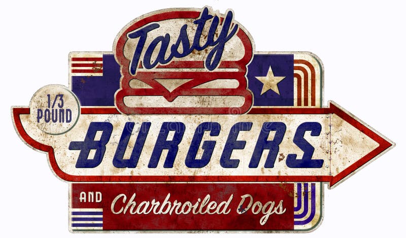 Hamburger and Charbroiled Hot Dog Vintage Sign third pound burgers grill BBQ tasty. Hamburger and Charbroiled Hot Dog Vintage Sign third pound burgers grill BBQ tasty