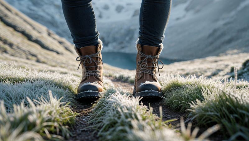 L'herbe gelée craque sous les bottes sur le chemin menant au lac de montagne caché illustration stock