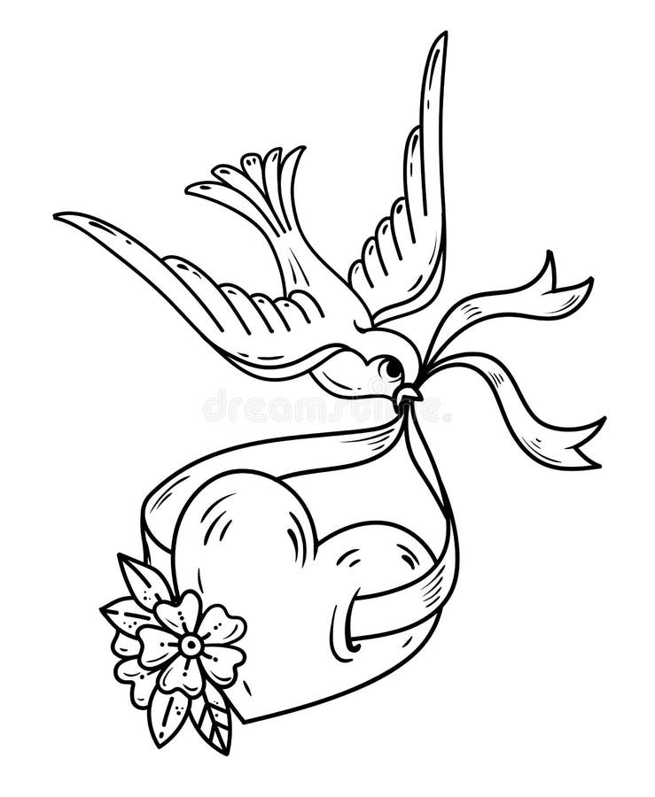 L'hirondelle reporte le coeur sur le ruban Coeur de tatouage avec les fleurs et l'oiseau Symbole de la chance Tatouage noir et bl illustration libre de droits L'hirondelle reporte le coeur sur le ruban Coeur de tatouage avec les fleurs et l'oiseau Symbole de la chance Tatouage noir et bl illustration libre de droits