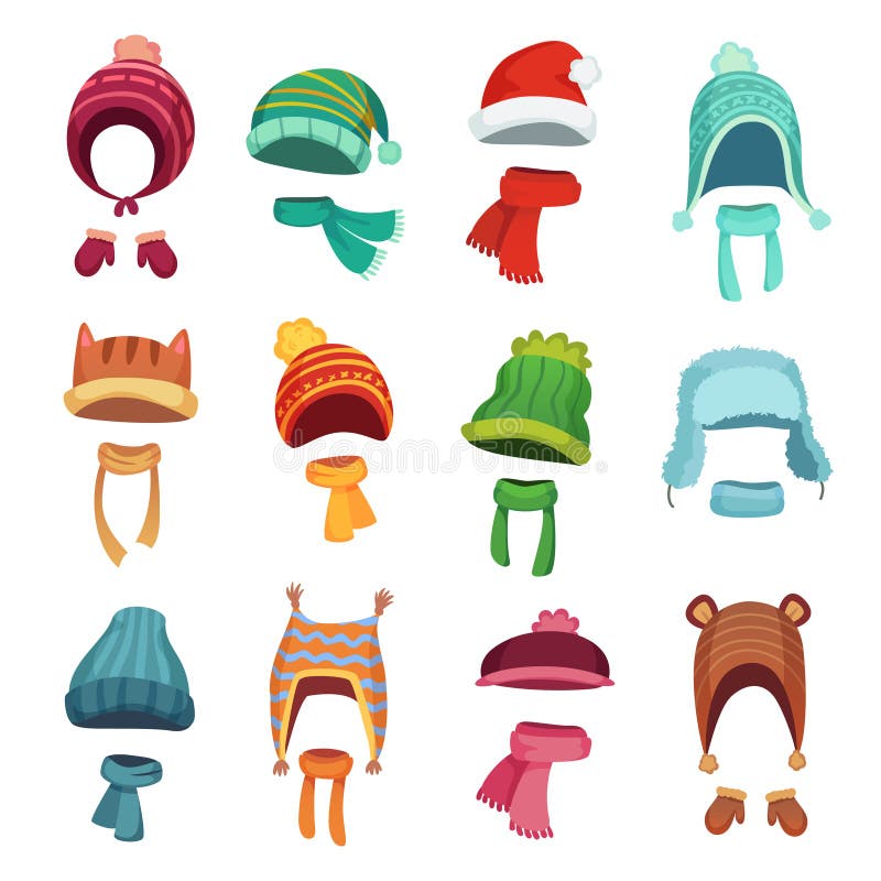 L'hiver badine le chapeau Les chapeaux et les écharpes des enfants chauds Headwear et accessoires pour l'ensemble de vecteur de b illustration de vecteur L'hiver badine le chapeau Les chapeaux et les écharpes des enfants chauds Headwear et accessoires pour l'ensemble de vecteur de b illustration de vecteur