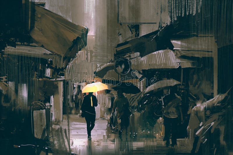 L'homme avec le parapluie jaune rougeoyant marchant dans la ville illustration de vecteur L'homme avec le parapluie jaune rougeoyant marchant dans la ville illustration de vecteur