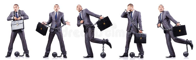 L'homme d'affaires avec des dispositifs d'accrochage sur le blanc photo stock L'homme d'affaires avec des dispositifs d'accrochage sur le blanc photo stock