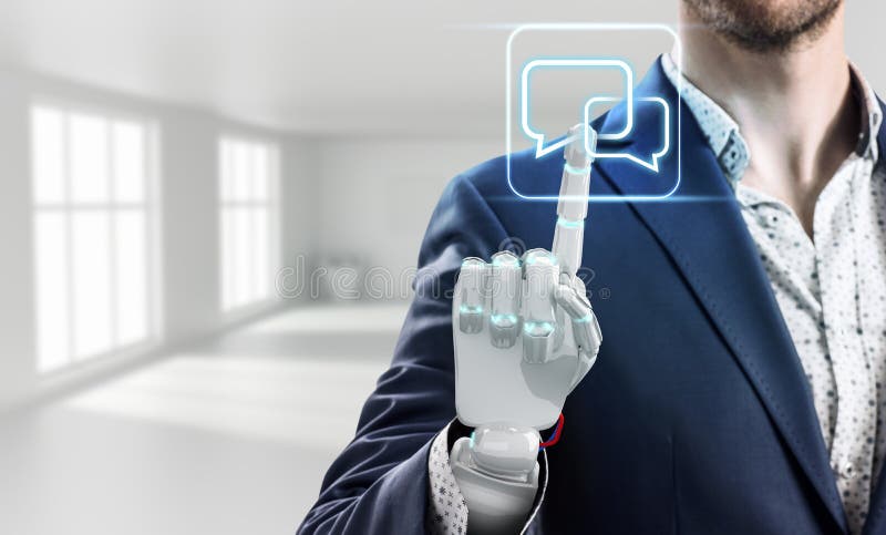 L'homme d'affaires avec la main de robot touche l'icône virtuelle rendu 3d image stock L'homme d'affaires avec la main de robot touche l'icône virtuelle rendu 3d image stock