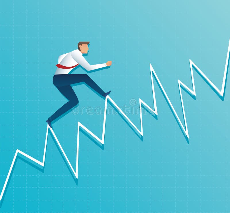 L'homme d'affaires court sur le graphique, l'employé courant jusqu'au dessus de la flèche, succès, accomplissement, défectuosité illustration stock L'homme d'affaires court sur le graphique, l'employé courant jusqu'au dessus de la flèche, succès, accomplissement, défectuosité illustration stock