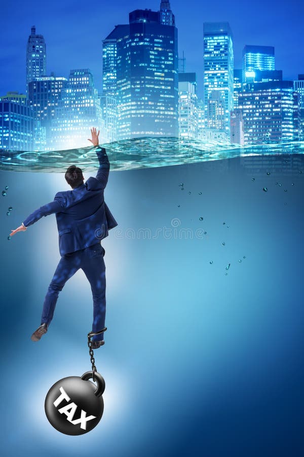 L'homme d'affaires se noyant dans le concept des impôts élevés illustration stock L'homme d'affaires se noyant dans le concept des impôts élevés illustration stock