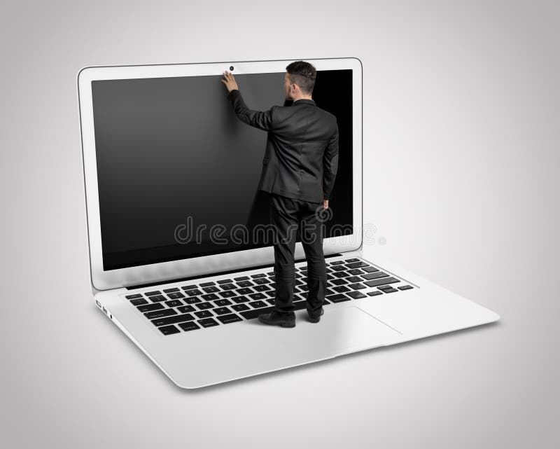 L'homme d'affaires se tenant sur un grand clavier d'ordinateur portable touche le moniteur par sa main illustration stock L'homme d'affaires se tenant sur un grand clavier d'ordinateur portable touche le moniteur par sa main illustration stock