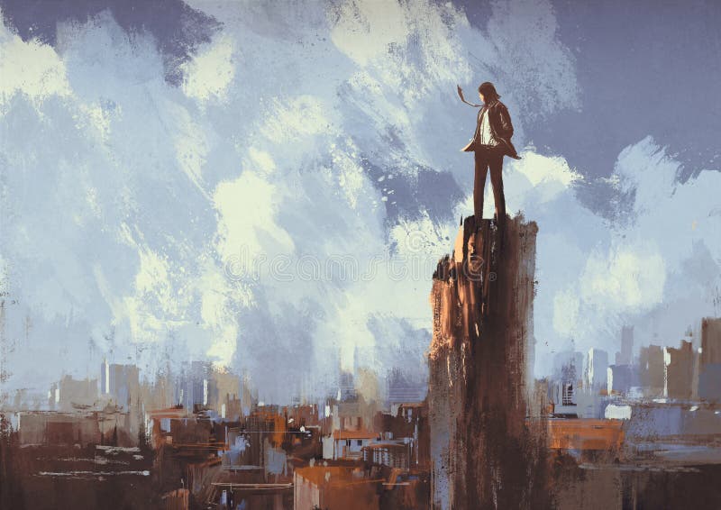 L'homme d'affaires se tient sur la crête regardant la ville illustration de vecteur L'homme d'affaires se tient sur la crête regardant la ville illustration de vecteur