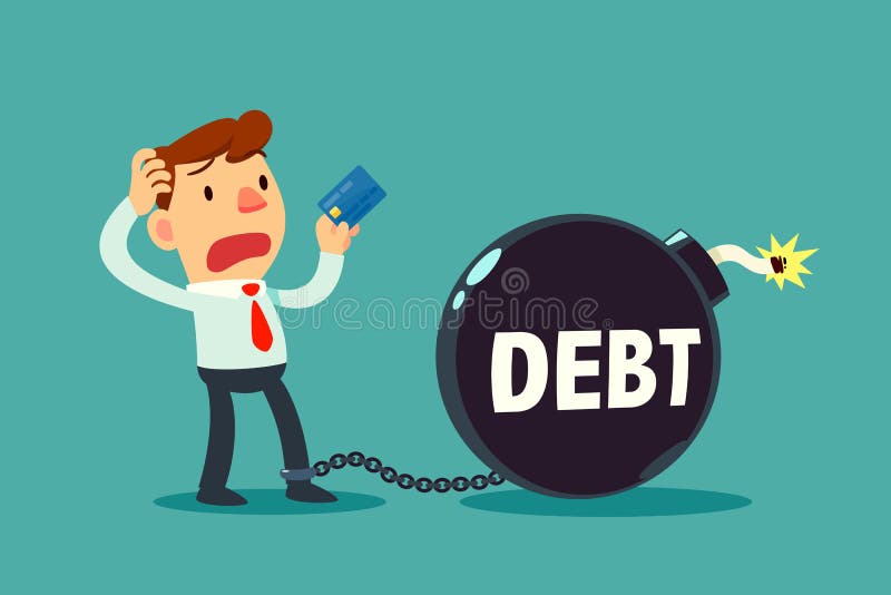 Businessman holding credit card chained to debt time bomb. Credit card and debt concept. Businessman holding credit card chained to debt time bomb. Credit card and debt concept.