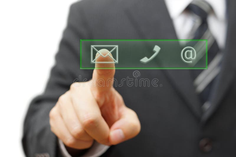 L'homme d'affaires utilise l'écran tactile virtuel pour entrer en contact avec l'appui illustration stock L'homme d'affaires utilise l'écran tactile virtuel pour entrer en contact avec l'appui illustration stock