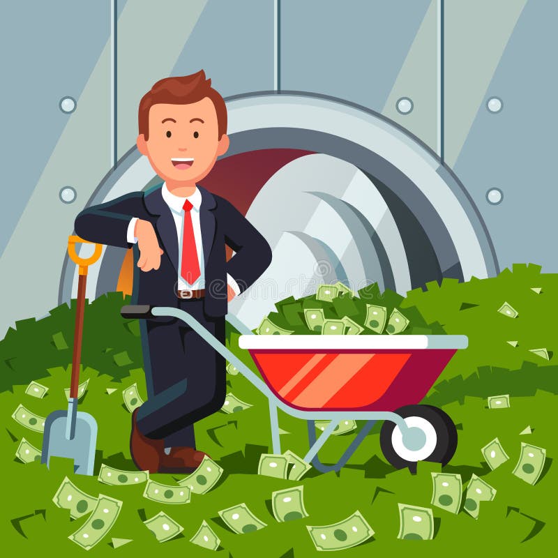 L'homme d'affaires à l'intérieur de la chambre forte de banque se tient sur la pile d'argent liquide illustration de vecteur L'homme d'affaires à l'intérieur de la chambre forte de banque se tient sur la pile d'argent liquide illustration de vecteur