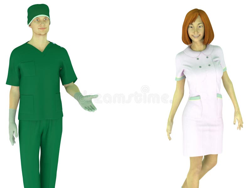 L'homme dans médical frotte et fille dans l'uniforme d'infirmière illustration libre de droits L'homme dans médical frotte et fille dans l'uniforme d'infirmière illustration libre de droits