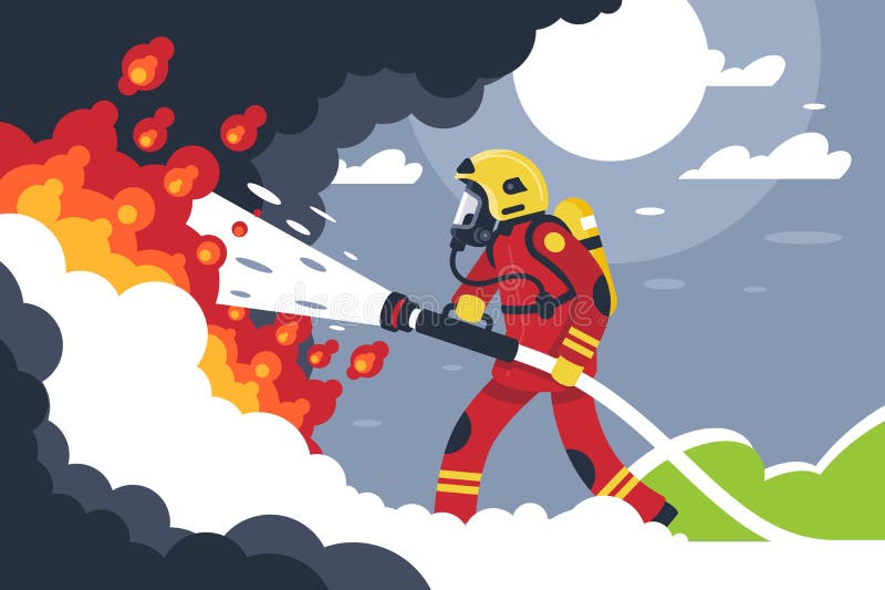 L'homme de lutte contre l'incendie plat éteint le feu illustration libre de droits