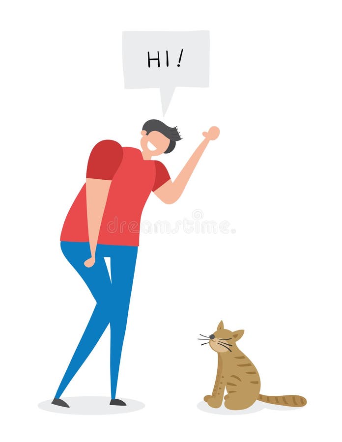 L'homme dit salut au chat, illustration tirée par la main de vecteur illustration libre de droits L'homme dit salut au chat, illustration tirée par la main de vecteur illustration libre de droits
