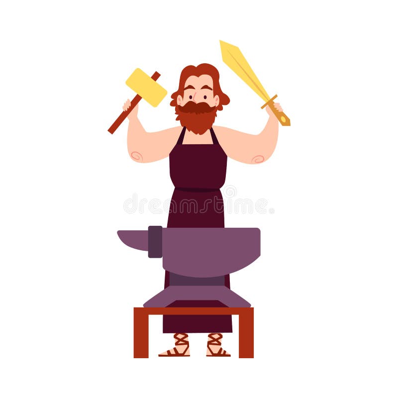 L'homme ou le Dieu grec de Hephaestus se tient à l'enclume avec le style de bande dessinée de marteau et d'épée illustration stock L'homme ou le Dieu grec de Hephaestus se tient à l'enclume avec le style de bande dessinée de marteau et d'épée illustration stock