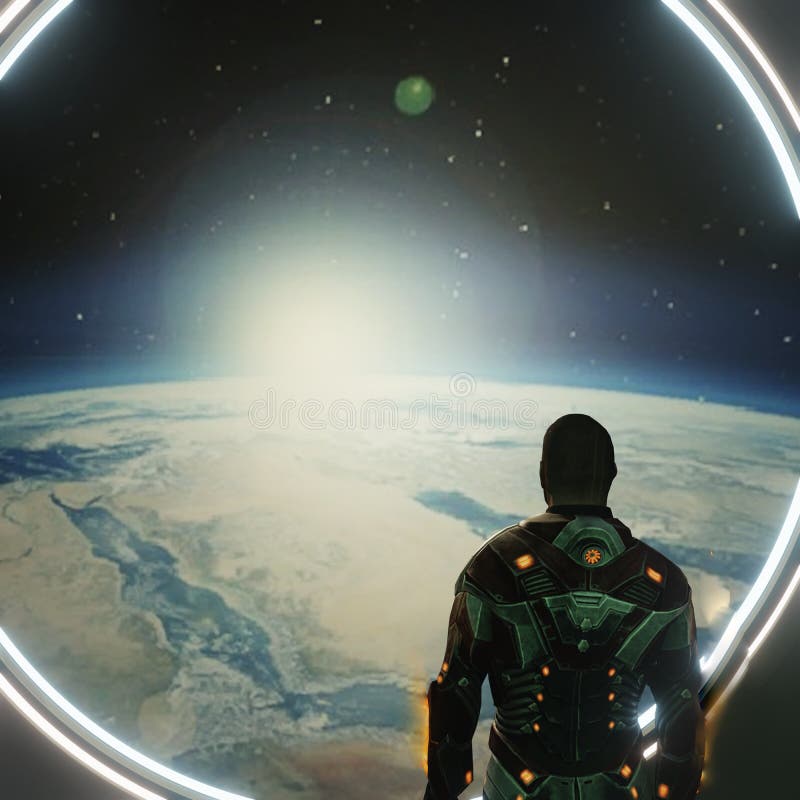 3D illustration showing man looking out a round window on a spaceship as the sun rises on a planet. 3D illustration showing man looking out a round window on a spaceship as the sun rises on a planet