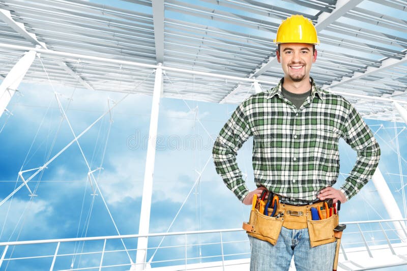 Young man tools inside of modern building. Young man tools inside of modern building