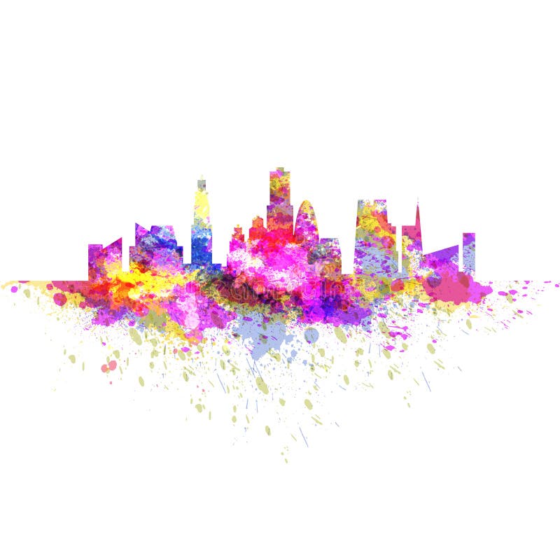 L'horizon de paysage urbain avec des gratte-ciel faits en grunge lumineux coloré éclabousse illustration libre de droits L'horizon de paysage urbain avec des gratte-ciel faits en grunge lumineux coloré éclabousse illustration libre de droits