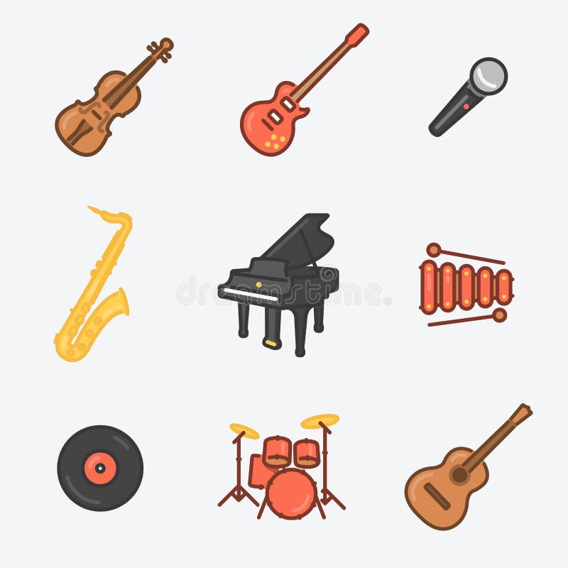 L'icône d'instruments de musique a placé (violon, guitare électrique, MIC, saxophone, royal, xylophone, cire, tambours, guitare c illustration de vecteur L'icône d'instruments de musique a placé (violon, guitare électrique, MIC, saxophone, royal, xylophone, cire, tambours, guitare c illustration de vecteur