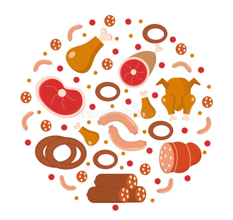 L'icône de viande et de saucisses a placé dans la forme ronde, plate, style de bande dessinée illustration libre de droits L'icône de viande et de saucisses a placé dans la forme ronde, plate, style de bande dessinée illustration libre de droits