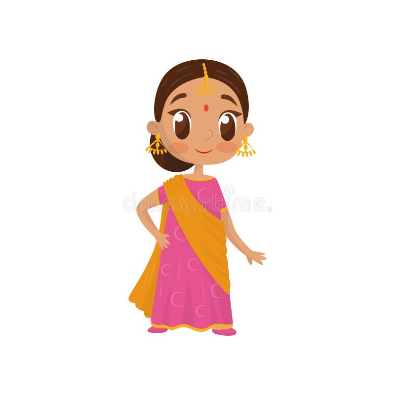 L'icône plate de vecteur de la belle petite fille s'est habillée dans le sari indien traditionnel Enfant mignon dans la robe en s illustration stock L'icône plate de vecteur de la belle petite fille s'est habillée dans le sari indien traditionnel Enfant mignon dans la robe en s illustration stock