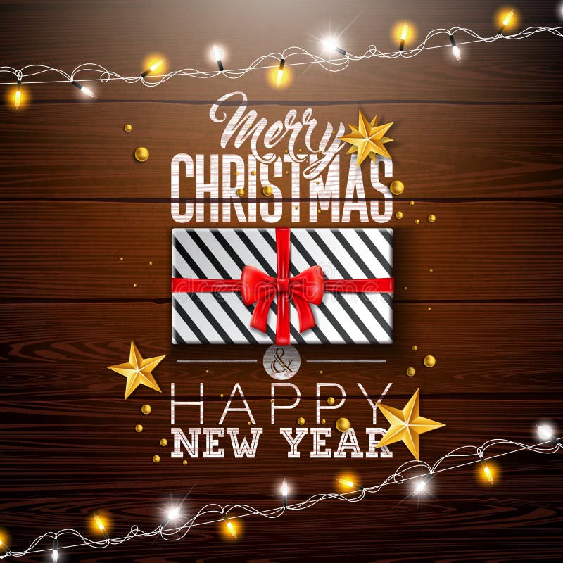 L'illustration de Joyeux Noël avec le boîte-cadeau, allume la guirlande, l'étoile d'or et les éléments de typographie sur le fond illustration stock L'illustration de Joyeux Noël avec le boîte-cadeau, allume la guirlande, l'étoile d'or et les éléments de typographie sur le fond illustration stock