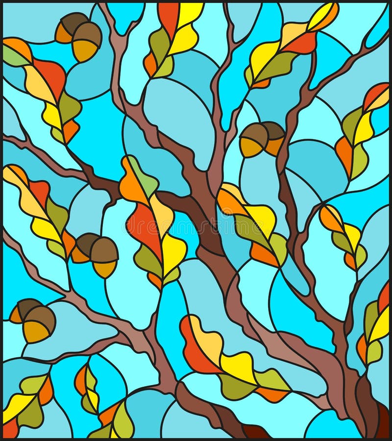 L'illustration en verre souillé avec la branche de chêne avec les glands non mûrs et les feuilles d'automne poussent des feuilles illustration libre de droits L'illustration en verre souillé avec la branche de chêne avec les glands non mûrs et les feuilles d'automne poussent des feuilles illustration libre de droits