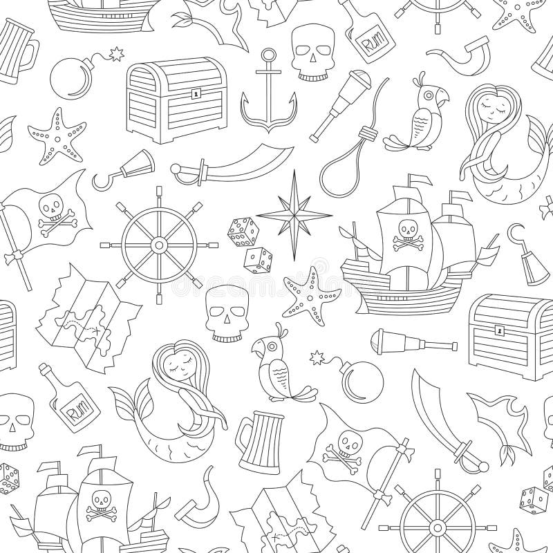 L'illustration sans couture du sujet de la piraterie et le voyage en mer décrivent les icônes, découpe noire sur le fond blanc illustration stock L'illustration sans couture du sujet de la piraterie et le voyage en mer décrivent les icônes, découpe noire sur le fond blanc illustration stock