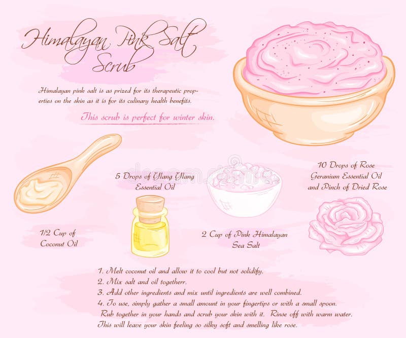 L'illustration tirée par la main de vecteur du sel hymalayan de rose de rose frottent la recette illustration de vecteur L'illustration tirée par la main de vecteur du sel hymalayan de rose de rose frottent la recette illustration de vecteur