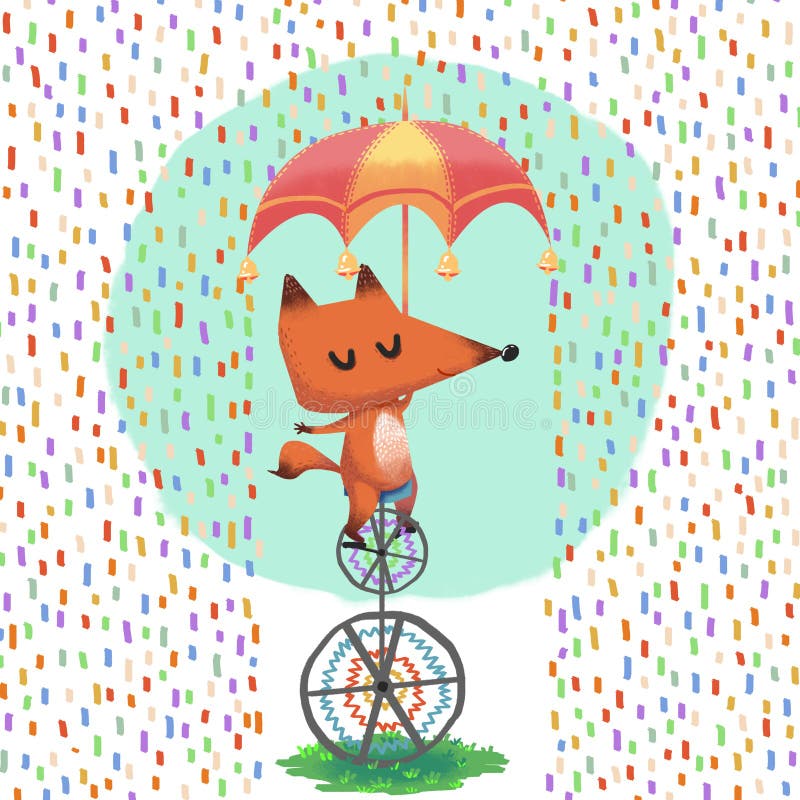 L'illustrazione del mondo dell'immaginazione dei bambini: Poco giro di Fox un monociclo nella pioggia illustrazione vettoriale L'illustrazione del mondo dell'immaginazione dei bambini: Poco giro di Fox un monociclo nella pioggia illustrazione vettoriale