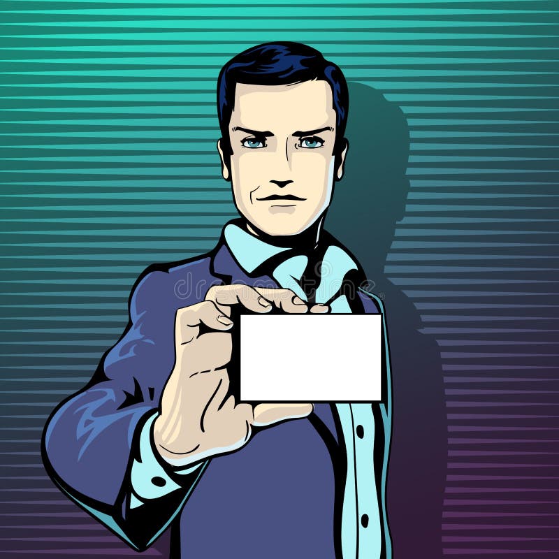 L'illustrazione di vettore di riuscite manifestazioni dell'uomo d'affari visita la carta nello stile d'annata dei fumetti di Pop illustrazione di stock
