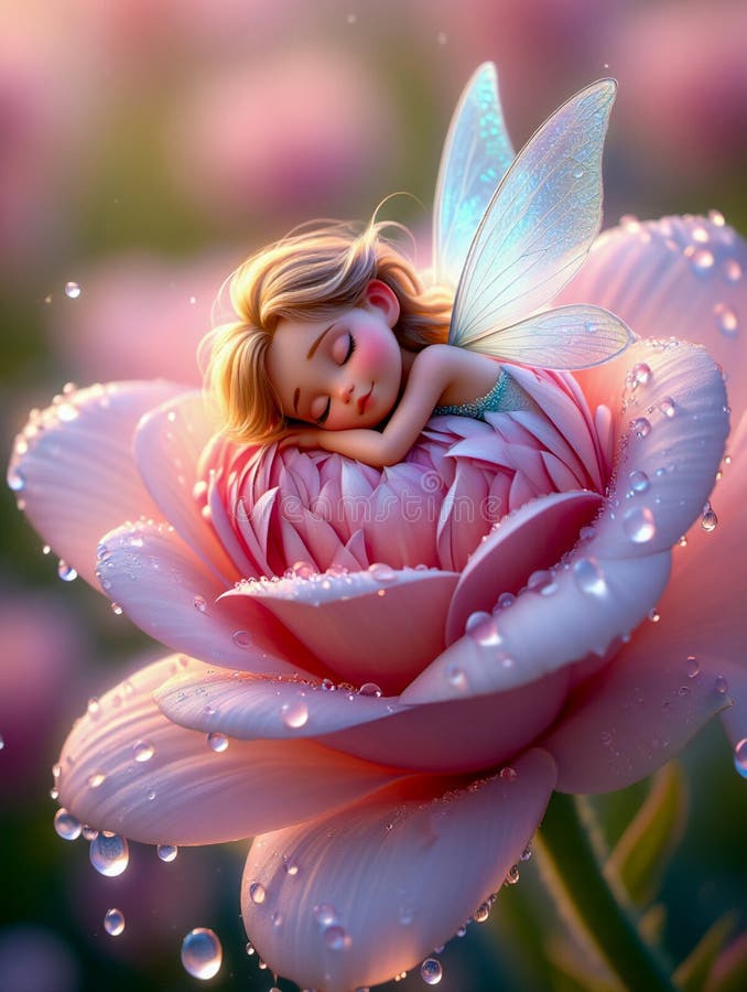 L'image générée par AI est la représentation numérique d'une petite fée dormant à l'intérieur d'une grande fleur recouverte de gou photos stock