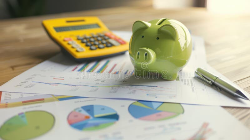 L'image générée par la tirelire verteAI. Une tirelire verte sur des cartes financières avec calculatrice jaune et un stylo sur un bureau en bois. Image générée par AI.
