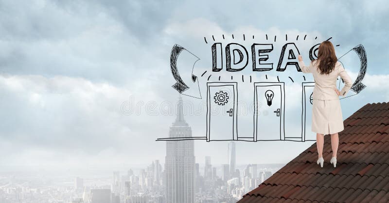 L'image numérique des idées d'écriture de femme d'affaires textotent et des portes sur l'air illustration stock L'image numérique des idées d'écriture de femme d'affaires textotent et des portes sur l'air illustration stock