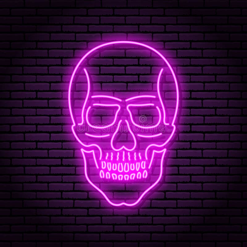 L'immagine del cranio delle lampade porpora al neon con un'incandescenza luminosa sui precedenti di un mattone illustrazione vettoriale L'immagine del cranio delle lampade porpora al neon con un'incandescenza luminosa sui precedenti di un mattone illustrazione vettoriale