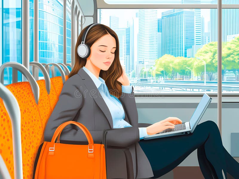 L'immagine di una donna è seduta su un autobus con un portatile e una borsa illustrazione di stock