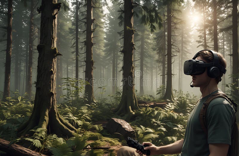 L'immagine Digital Detox viene generata con AI. Un giocatore che sospende la sessione VR per uscire da una foresta reale. La tendenza al contrasto ciberrealistico tra il pubblico di Twitter.